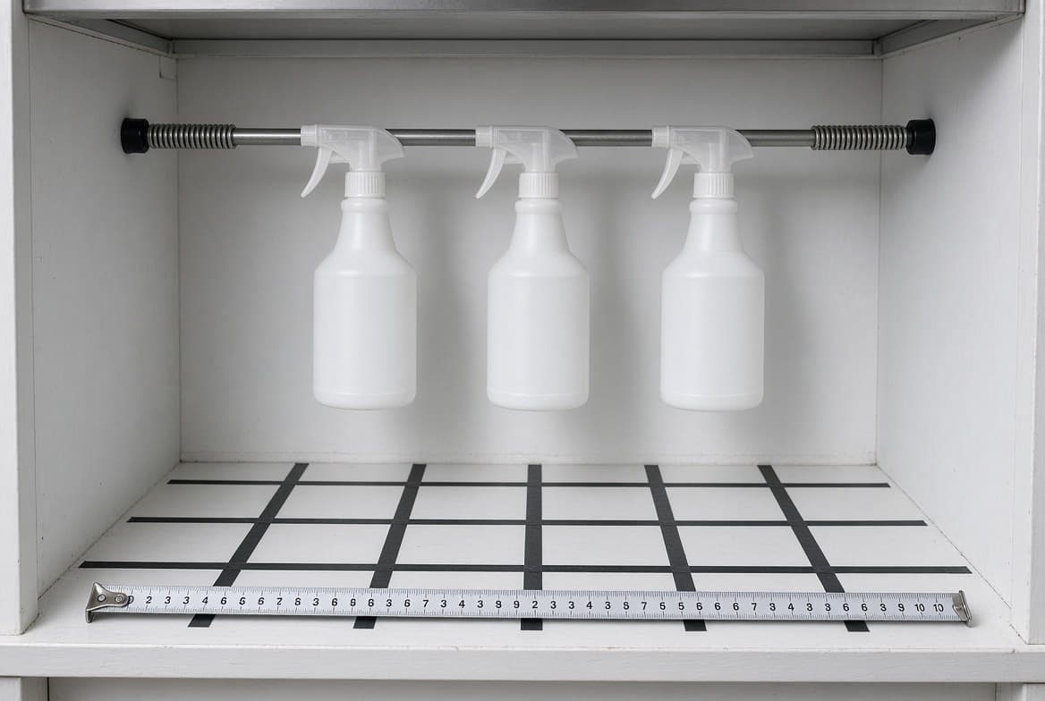 Illustration of an under-sink cabinet with a tension rod, three spray bottles, a taped floor grid, and a tape measure.