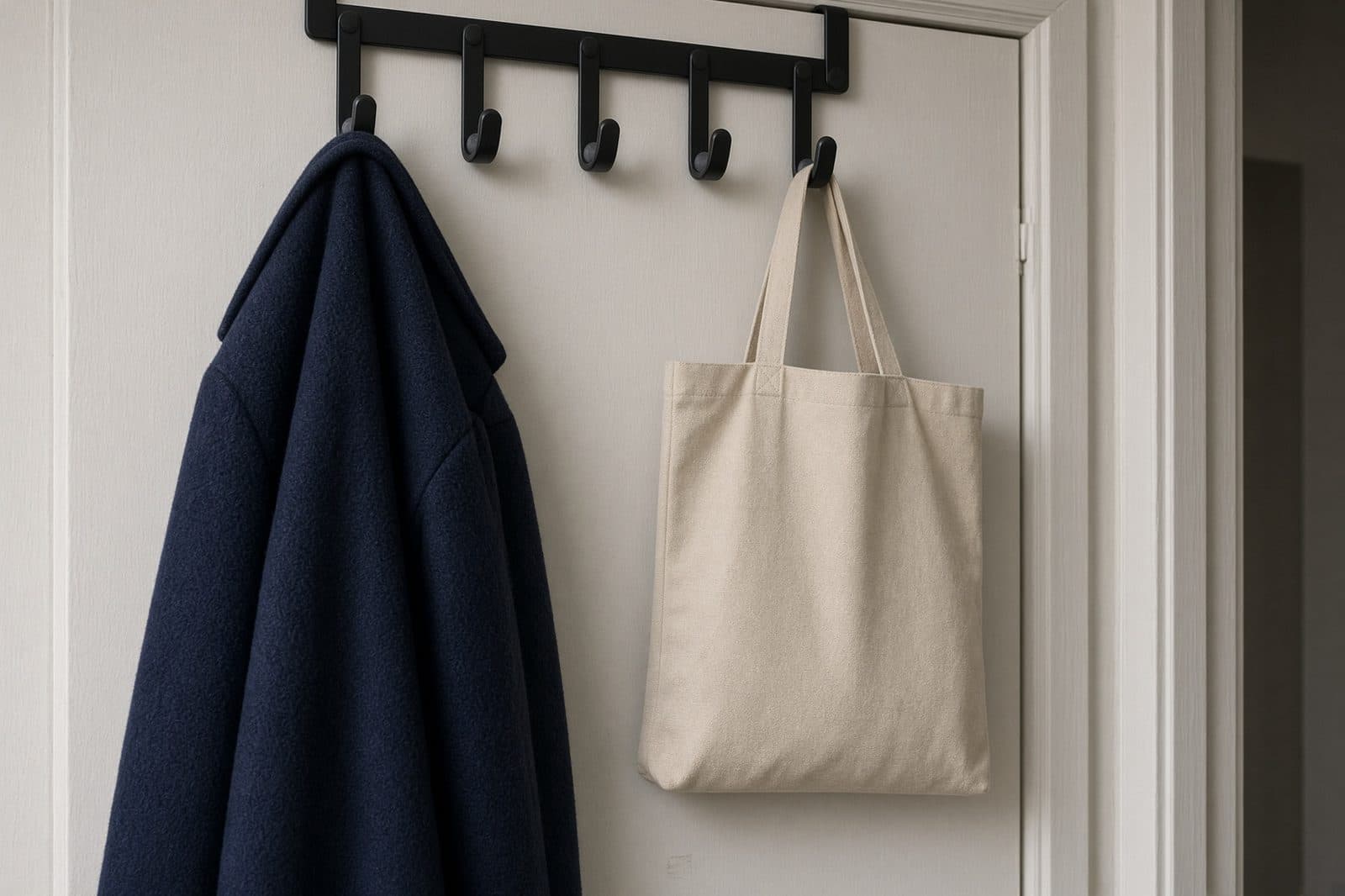 Over-door hook rack on a hollow-core interior door with a coat and a tote hanging from the hooks.